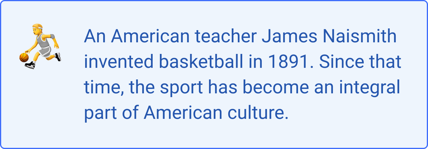 The image provides background historical facts about basketball.
