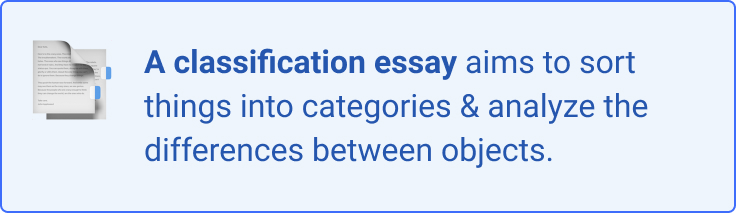 A classification essay aims to sort things into different categories & analyze the differences between objects.