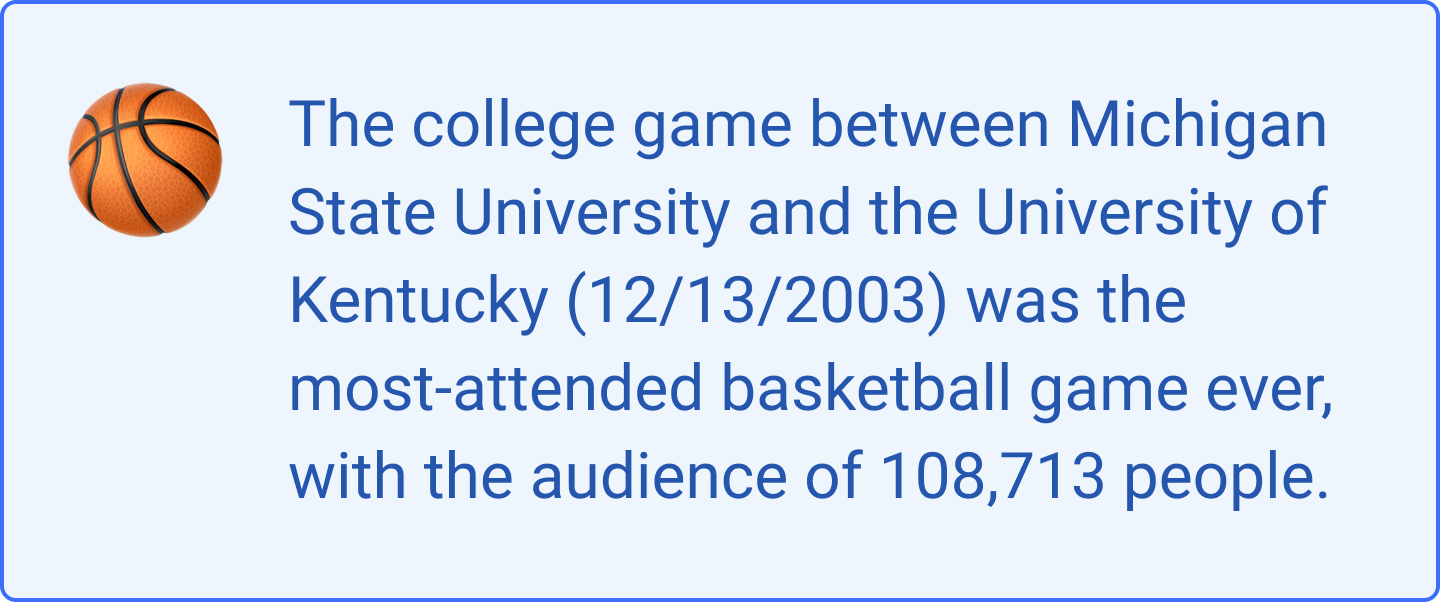 The picture contains information about the most-attended basketball game ever, which was between Michigan State University and the University of Kentucky in 2003.