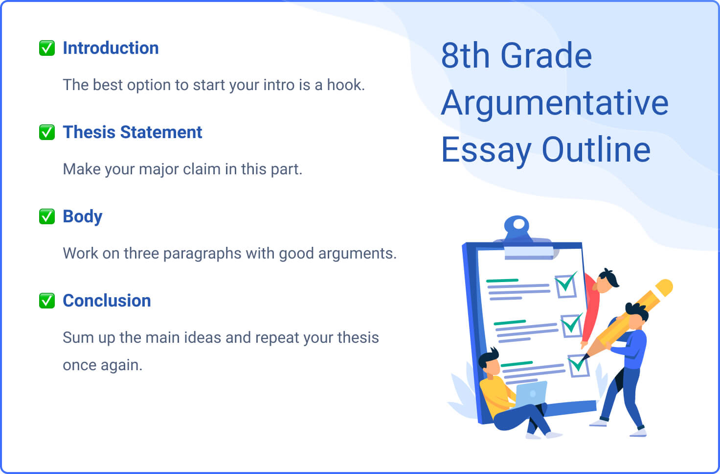 The picture contains an exemplary outline for an 8th grade argumentative essay.