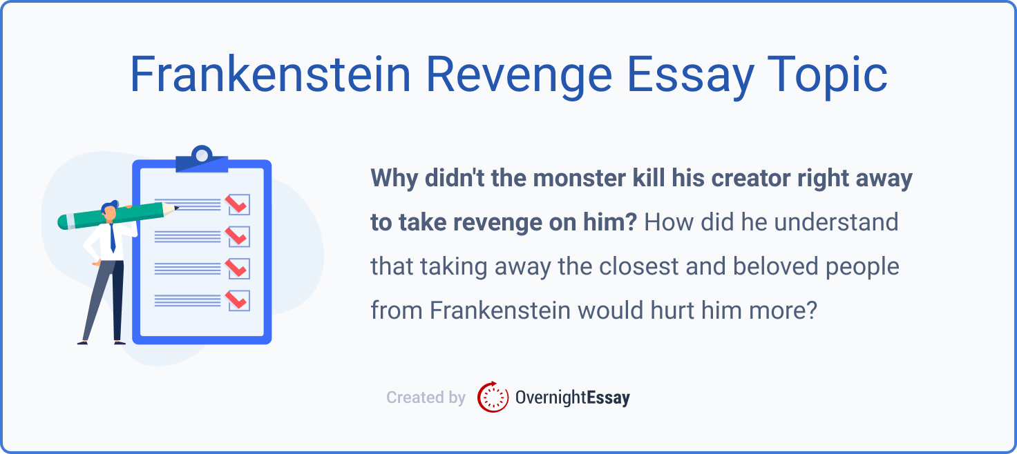 The picture introduces one of the Frankenstein revenge essay topic ideas.