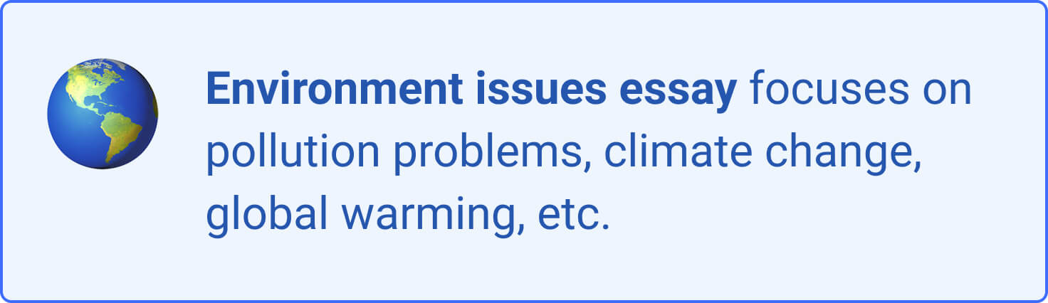 Environment issues essay focuses on pollution problems, climate change, etc.