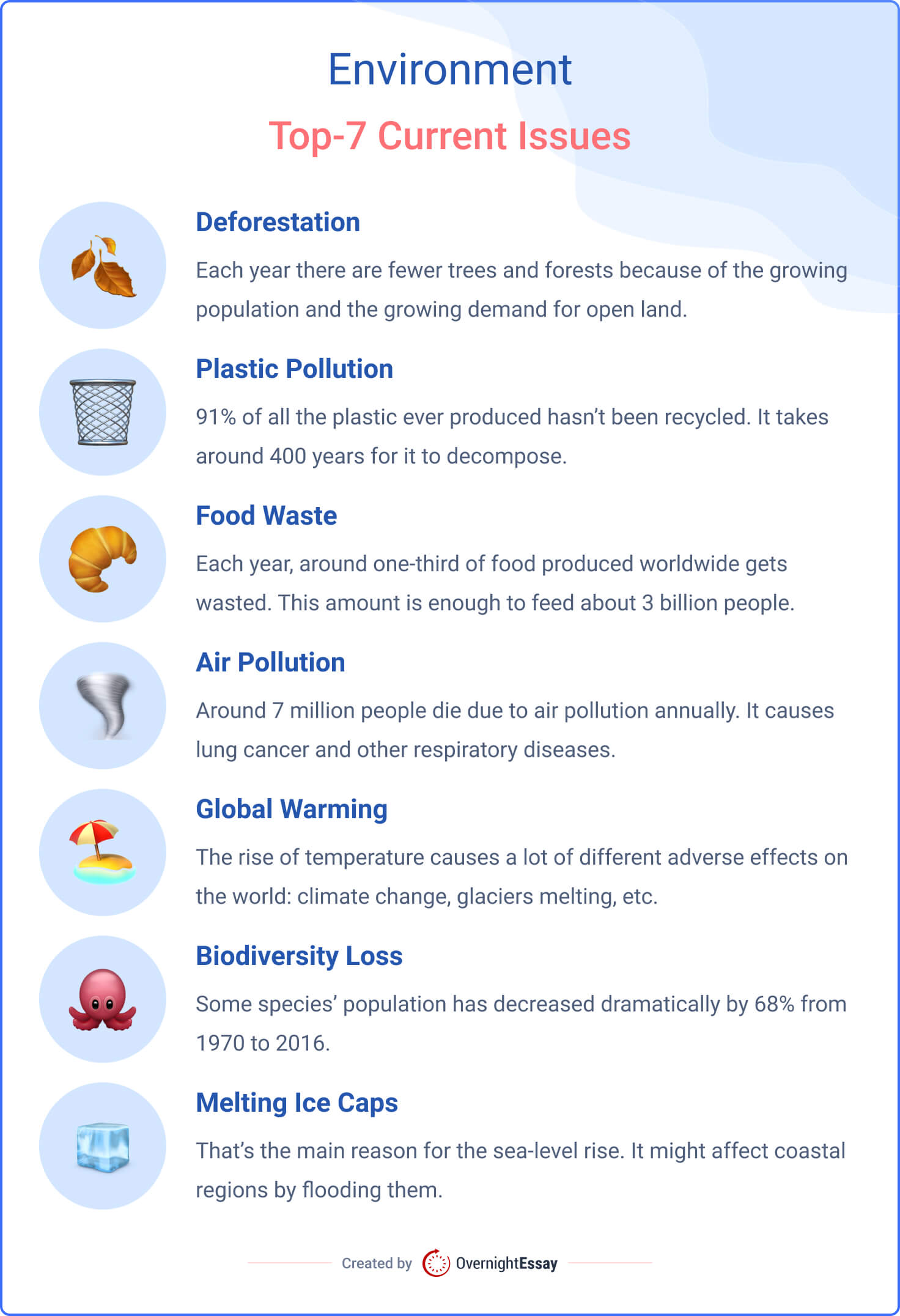 The picture contains a list of some relevant environmental issues of the modern world.