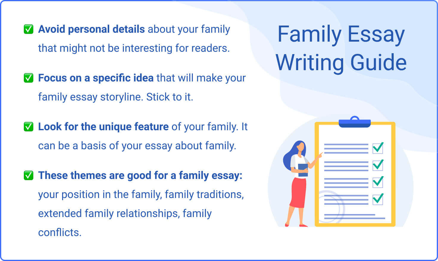 The picture provides tips for writing an essay about family.