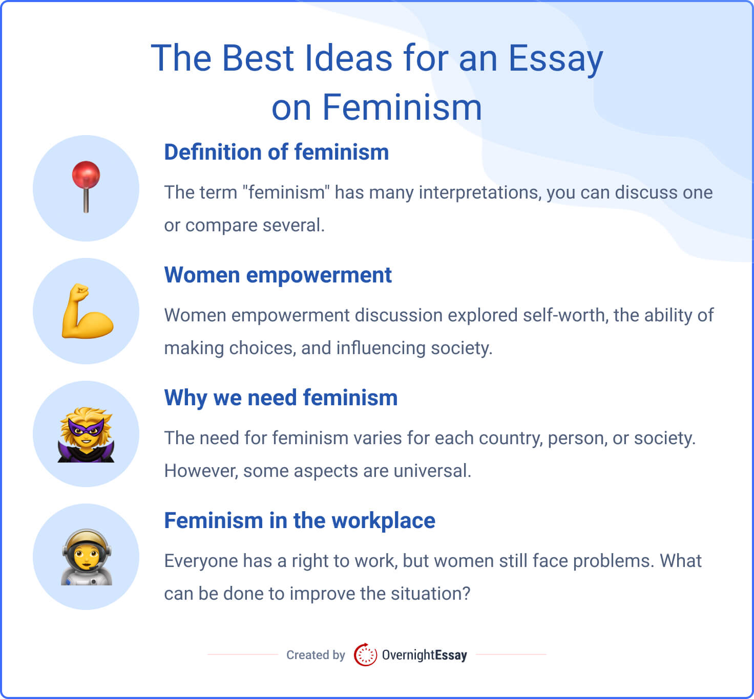 The picture introduces the best ideas for a women empowerment essay. 
