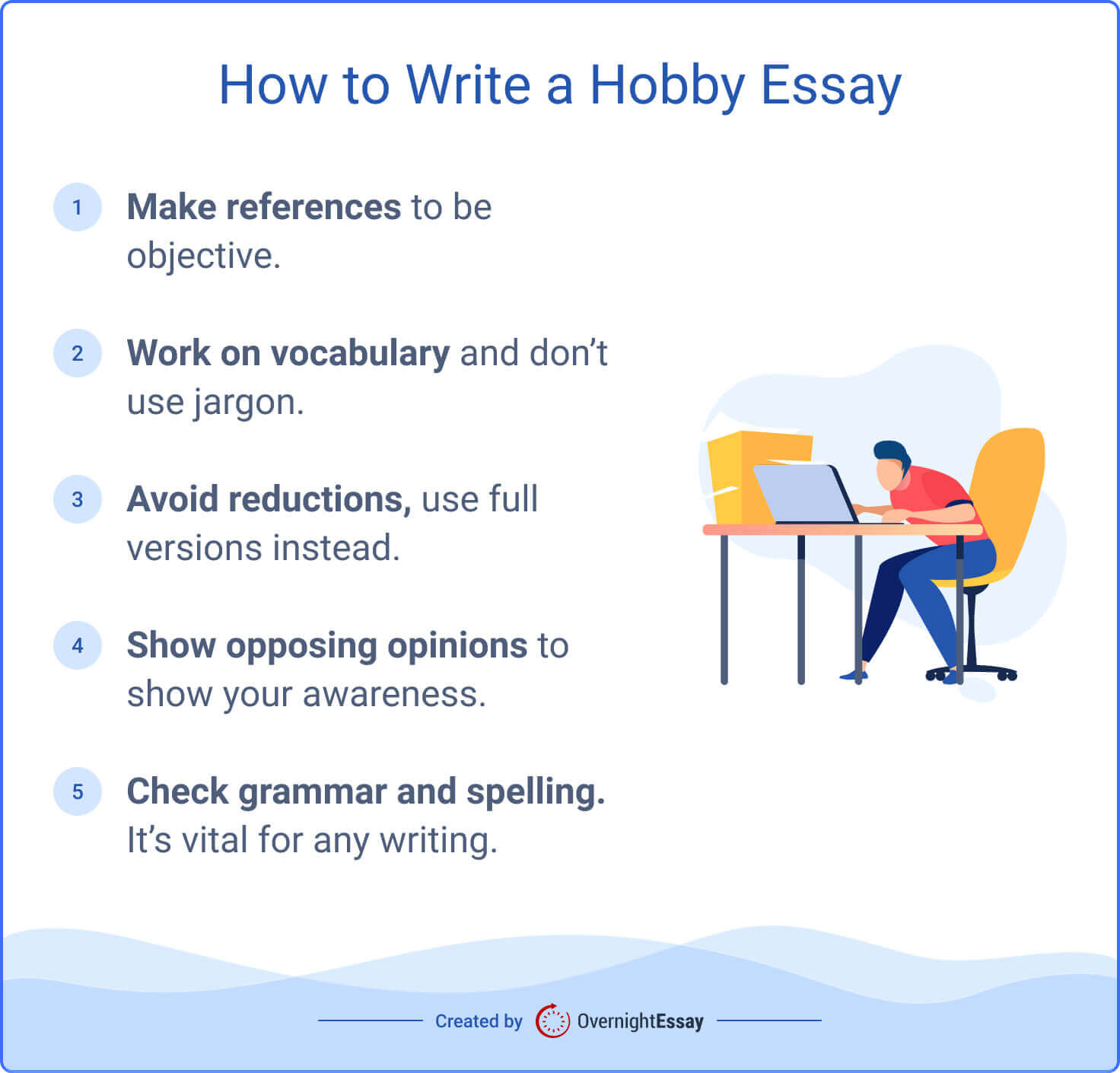 The picture contains 5 key rules of writing an essay about hobbies.