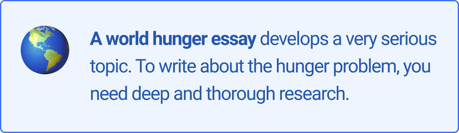 The picture provides introductory information about a world hunger essay.
