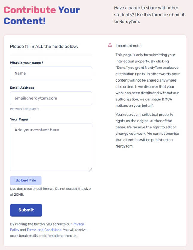 Nerdy Tom essay submission form.